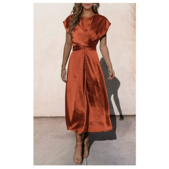 15 Rust Satin Midi Dress | Elegant Pleated Twist Waist Party Dress - Picture 3 of 4